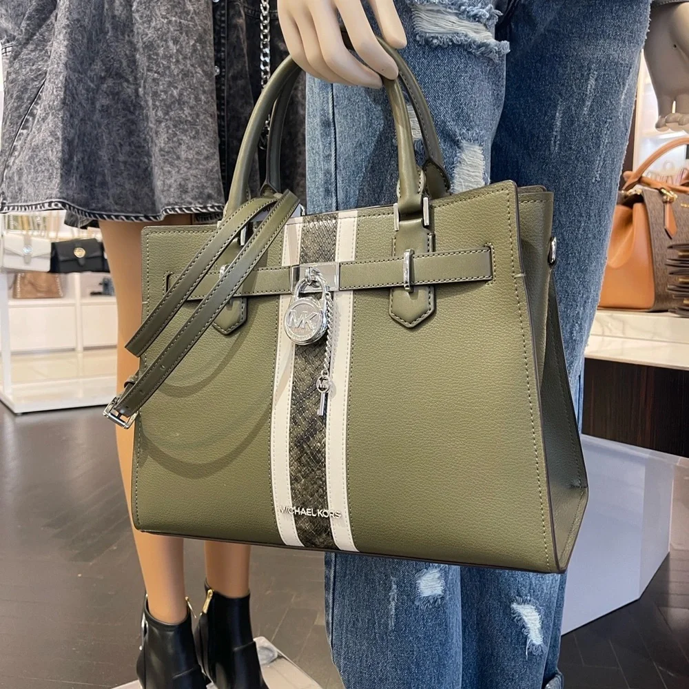 MICHAEL KORS Hamilton Med Leather and Snake Embossed Stripe Satchel Olive  NWT